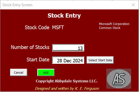 Stock Count screen